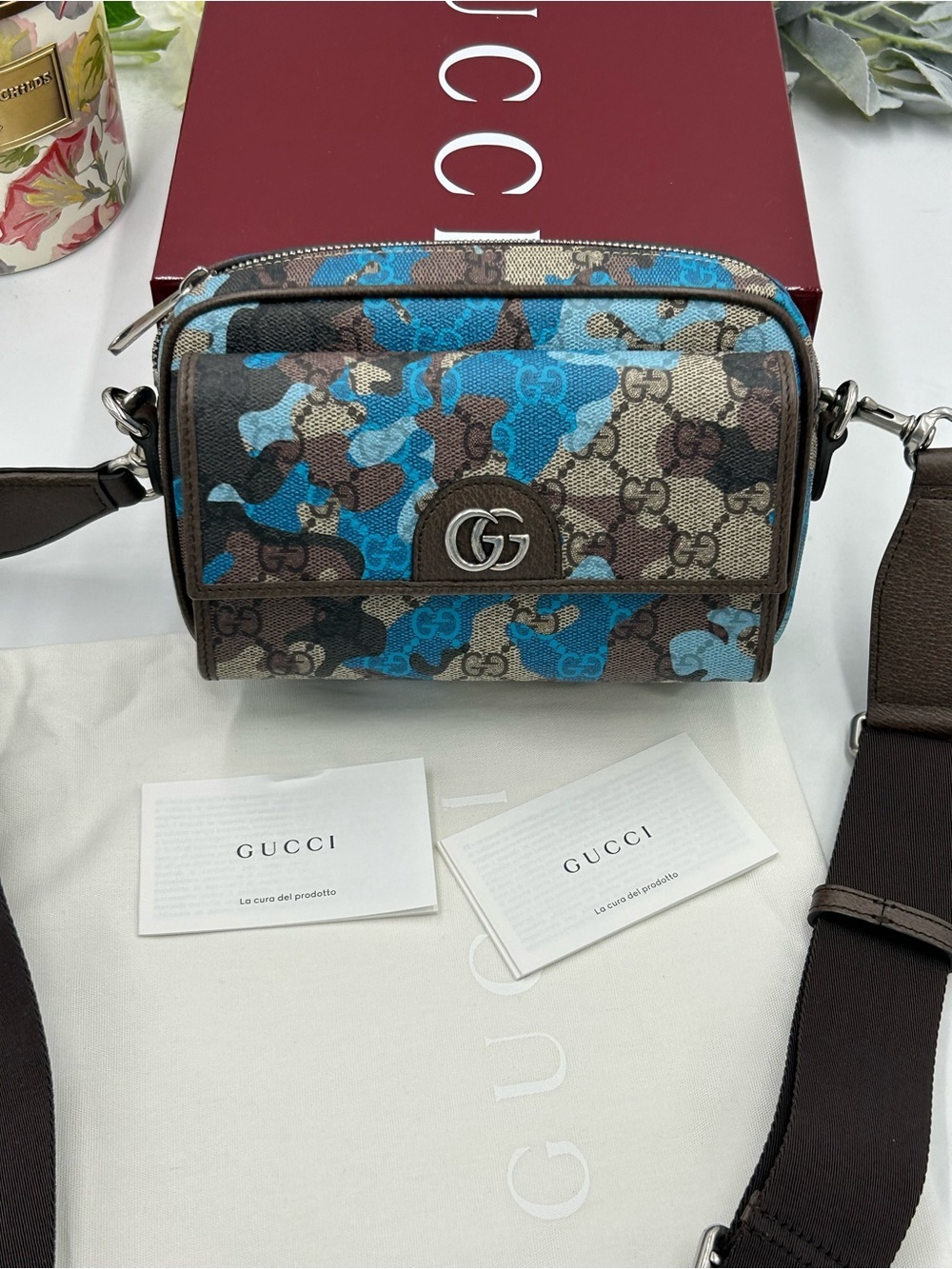 Women's Gucci GG Supreme  Crossbody Bag in Brown & Blue camo double G hardware